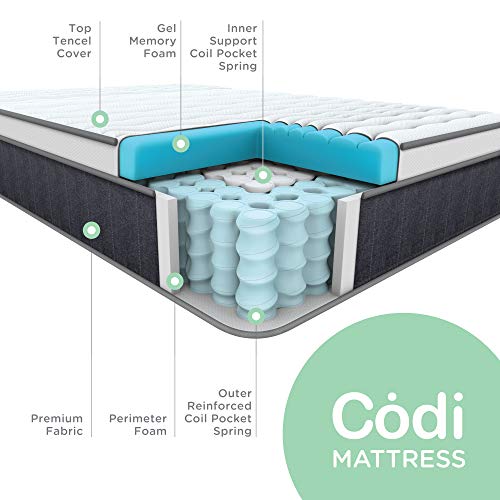 Codi 10 Inch Innerspring Hybrid Memory Foam Mattress –Zero Fiberglass or Latex, Healthy and Hypoallergenic – Advance Tencel Top with Gel Foam Keeps You Cool All Night